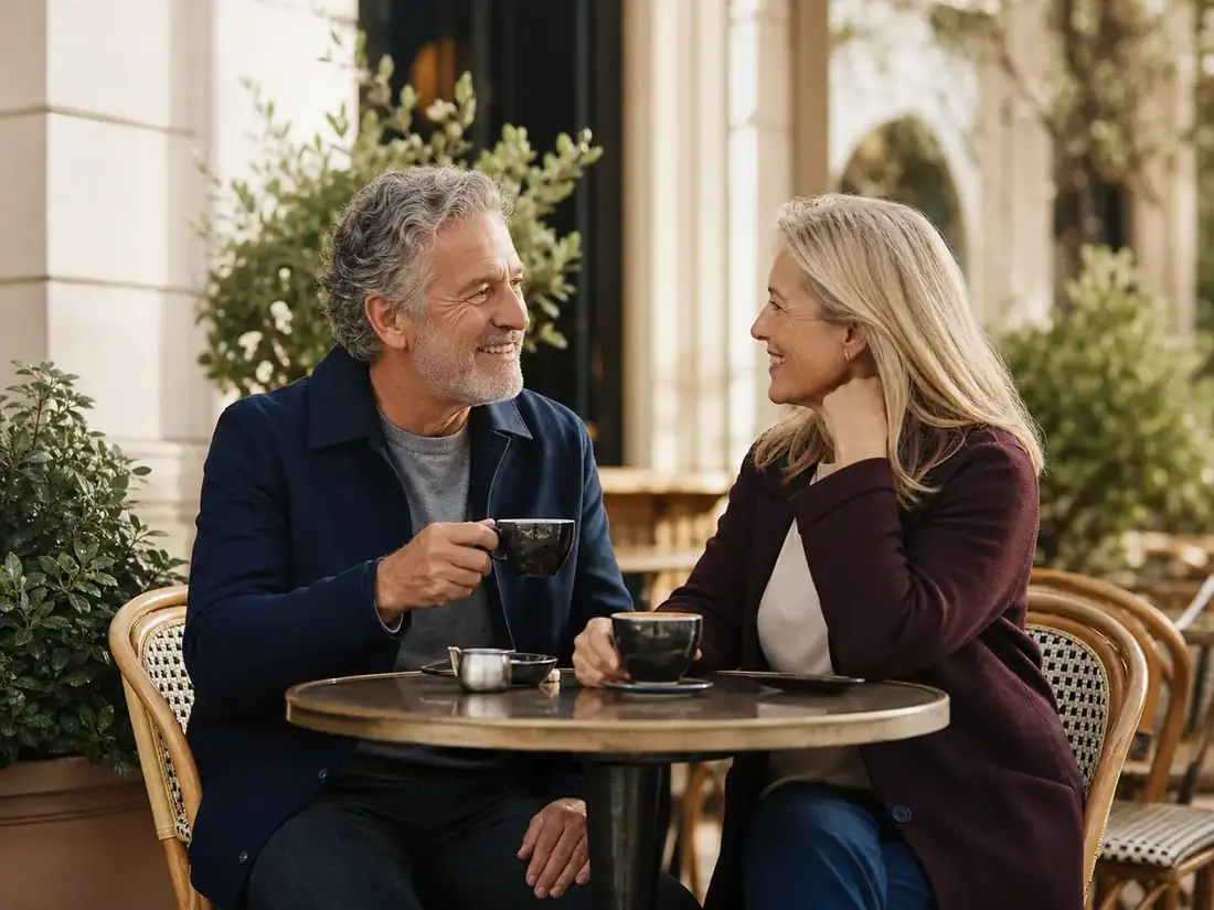 Mature couple sharing coffee at an outdoor city cafe