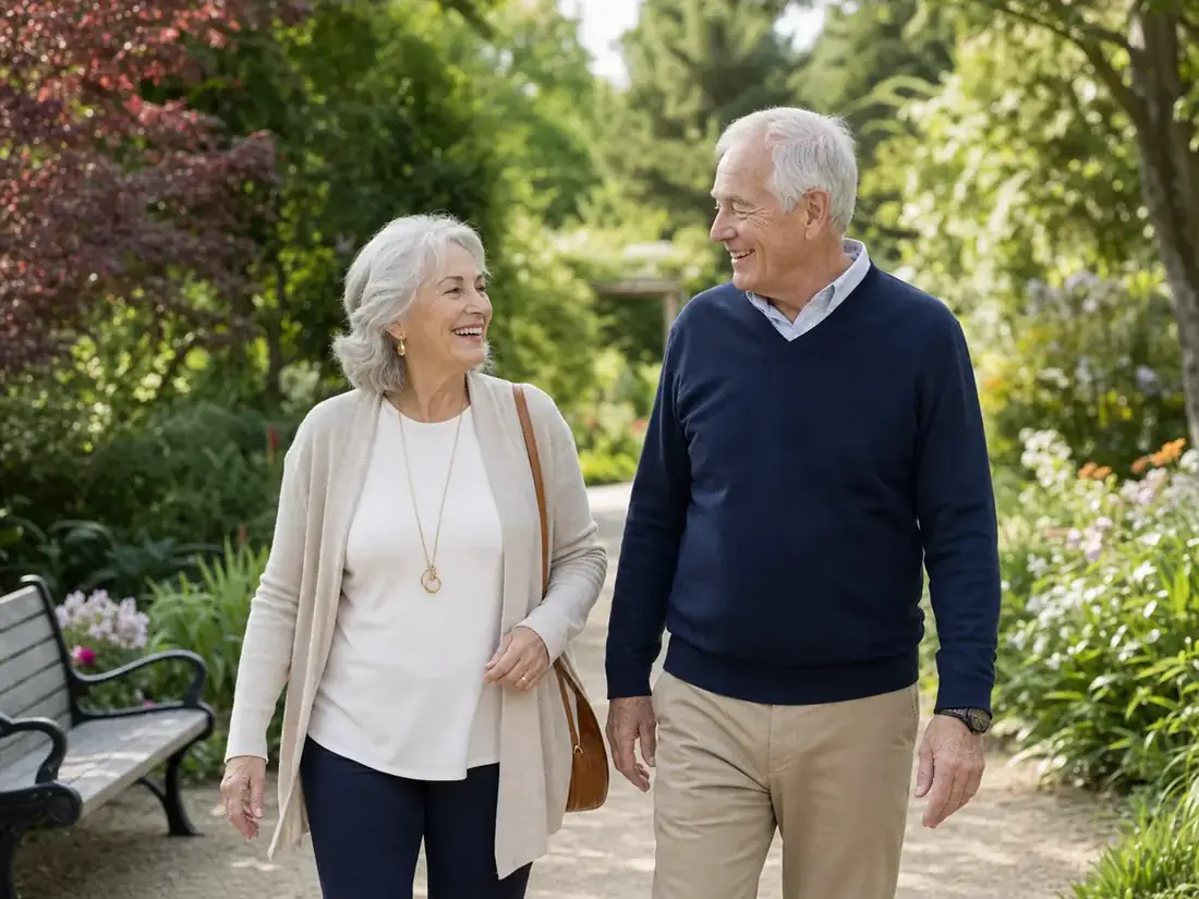 Senior couple walking through a botanical garden on a relaxed first date