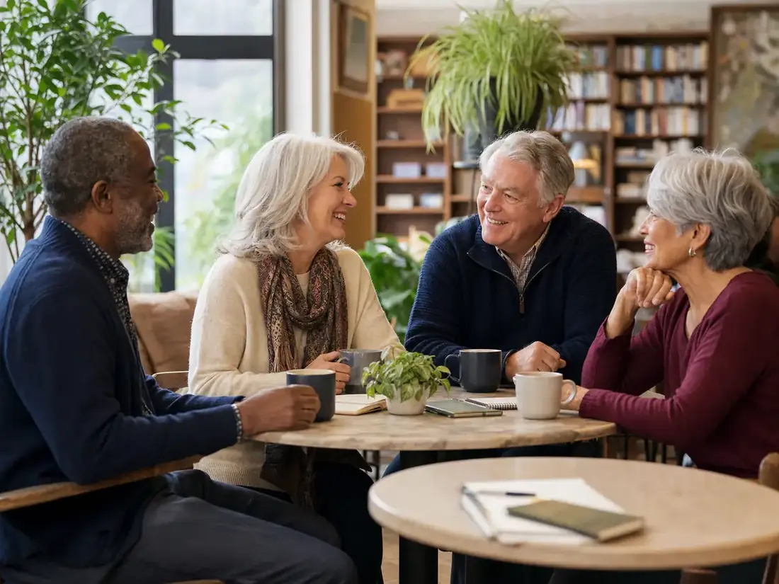 Mature singles enjoying a relaxed community cafe conversation