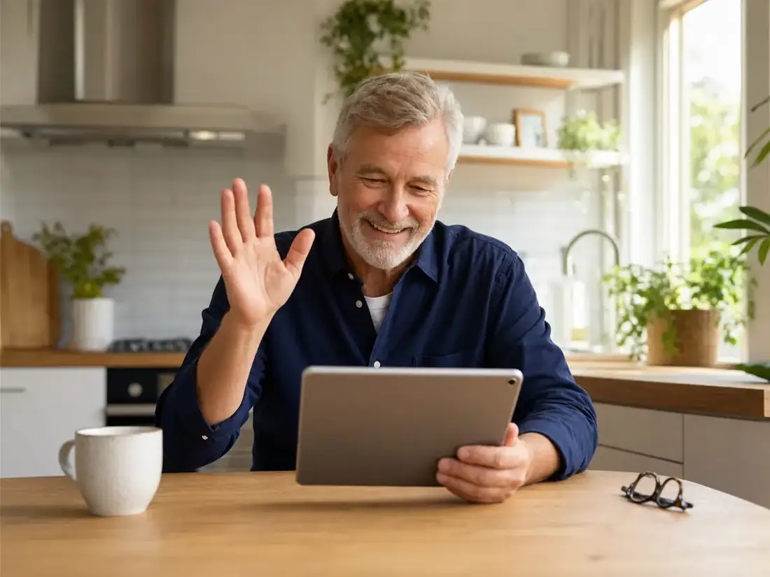Older man smiling during an online dating video chat