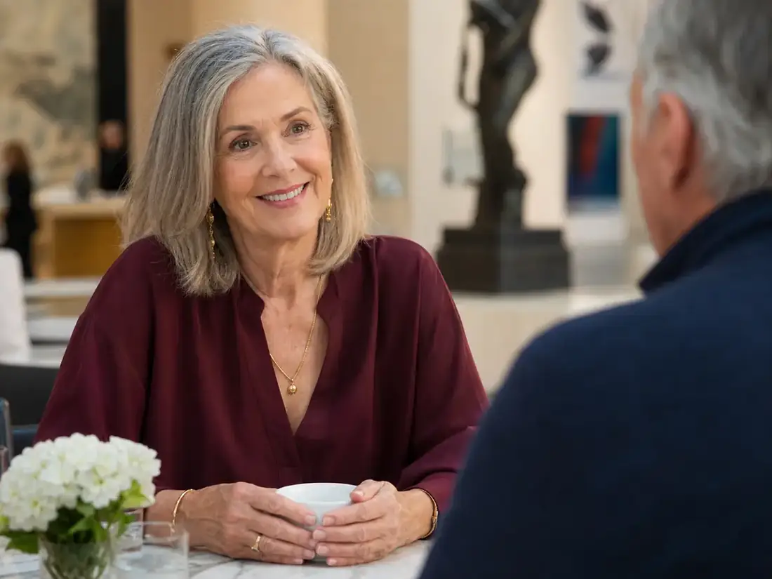 Confident mature woman smiling during a museum cafe date