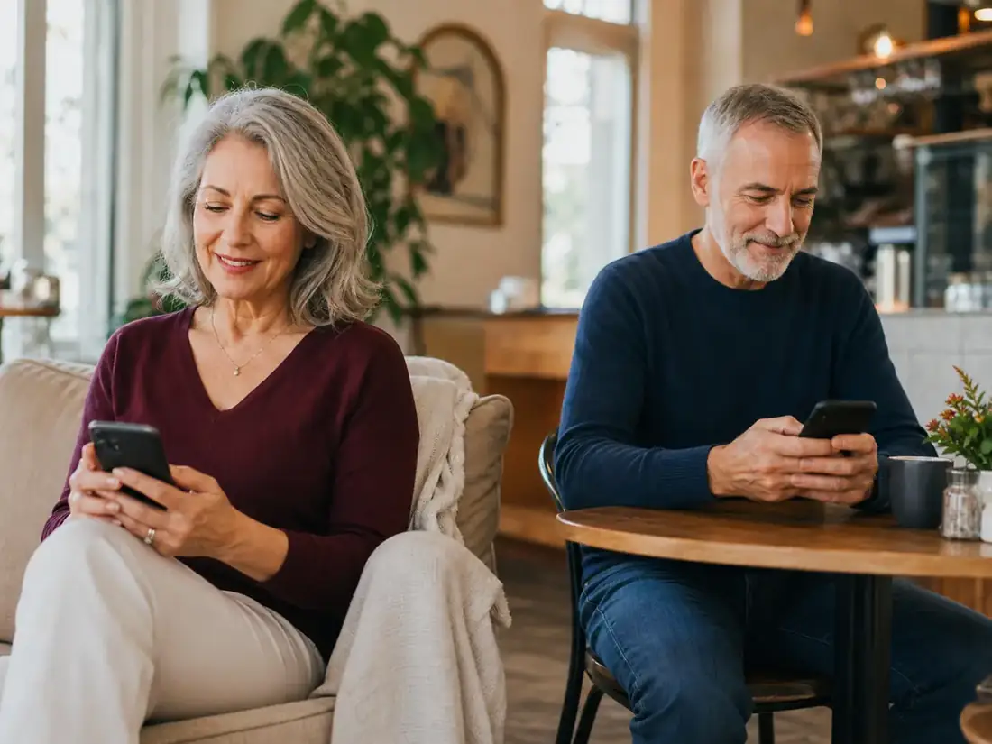 Mature singles writing friendly first messages on their phones