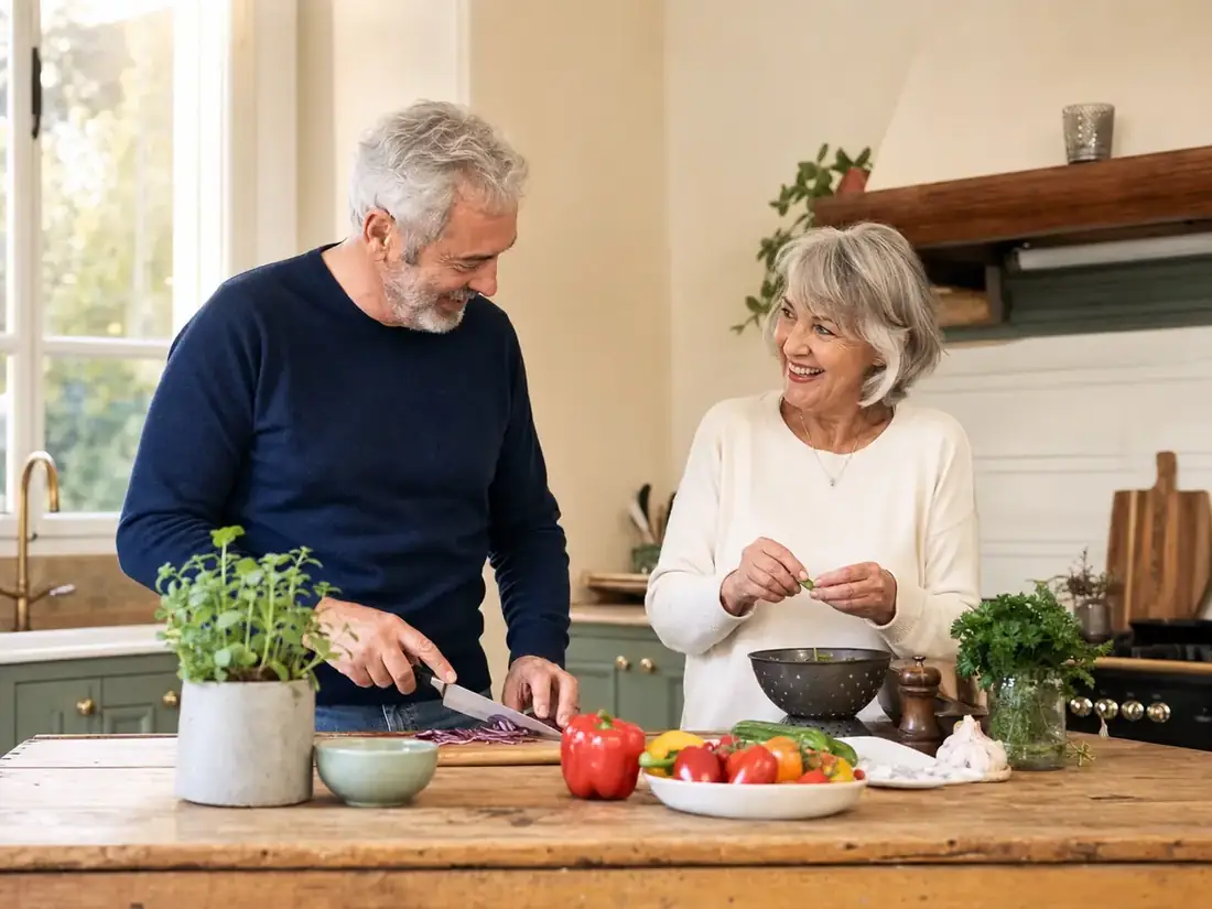 Mature couple sharing an easy cooking date at home
