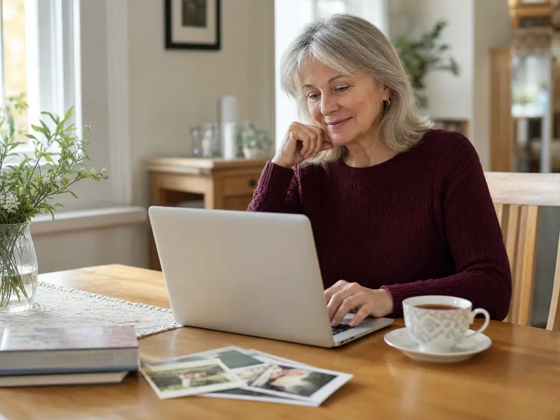 Mature single writing an online dating profile at home
