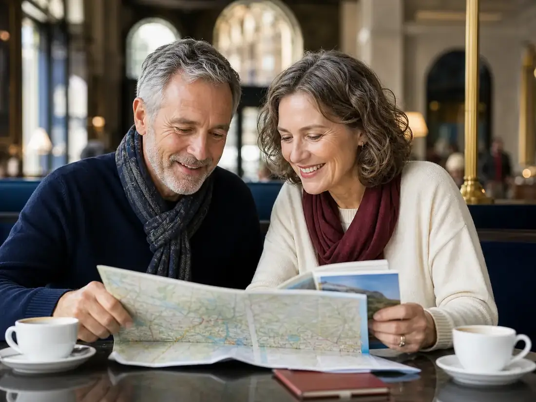 Mature couple planning a weekend trip together over coffee